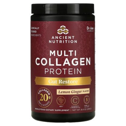 Dr. Axe / Ancient Nutrition, Multi Collagen Protein, Gut Restore, Lemon Ginger, 8.4 oz (238 g)