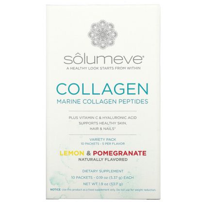 Solumeve, Collagen Peptides Plus Vitamin C & Hyaluronic Acid, Lemon & Pomegranate Variety Pack, 10 Packets, 0.19 oz (5.37 g) Each