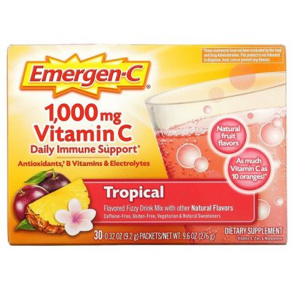 Emergen-C, Vitamin C, Flavored Fizzy Drink Mix, Tropical, 1,000 mg, 30 Packets, 0.32 oz (9.2 g) Each