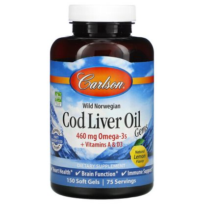 Carlson Labs, Wild Norwegian, Cod Liver Oil Gems, Natural Lemon, 460 mg, 150 Soft Gels