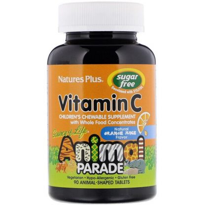 NaturesPlus, Source of Life, Animal Parade, Vitamin C, Children's Chewable Supplement, Sugar Free, Natural Orange Juice Flavor, 90 Animal-Shaped Tablets