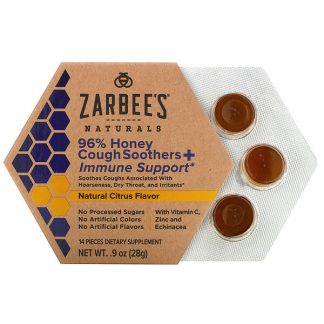 Zarbee's, 96% Honey Cough Soothers + Immune Support, Natural Citrus Flavor, 14 Pieces