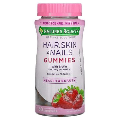 Nature's Bounty, Optimal Solutions, Hair, Skin & Nails Gummies with Biotin, Strawberry, 1,250 mcg, 80 Gummies