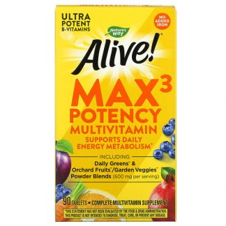 Nature's Way, Alive! Max3 Potency Multivitamin, No Added Iron, 90 Tablets