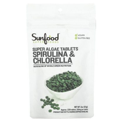 Sunfood, Spirulina & Chlorella, Super Algae Tablets, 250 mg, Approx. 228 Tablets, 2 oz (57 g)