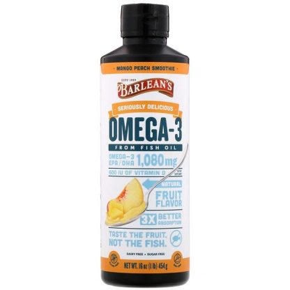 Barlean's, Seriously Delicious, Omega-3 Fish Oil, Mango Peach Smoothie, 1,080 mg, 16 oz (454 g)