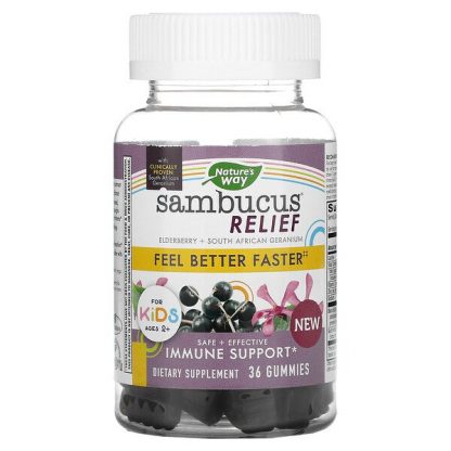 Nature's Way, Sambucus Relief, Immune Support, For Kids, 2+, Elderberry + South African Geranium, 36 Gummies