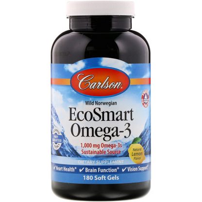 Carlson Labs, EcoSmart Omega-3, Natural Lemon Flavor, 500 mg, 180 Soft Gels