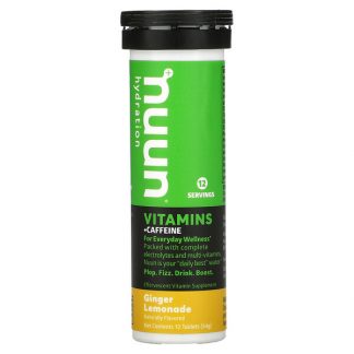 Nuun, Hydration, Vitamins + Caffeine, Effervescent Vitamin Supplement, Ginger Lemonade, 12 Tablets