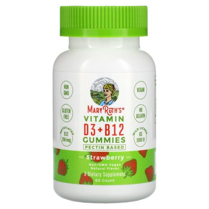 MaryRuth Organics, Vitamin D3 + B12 Gummies, Pectin Based, Strawberry, 60 Gummies