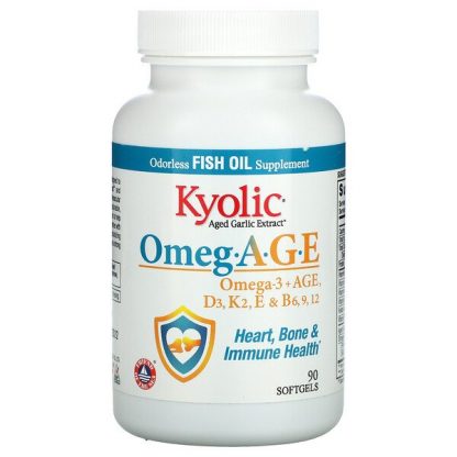 Kyolic, Omeg.A.G.E, Omega-3 + AGE, D3, K2, E & B6, 9, 12, Heart, Bone & Immune Health, 90 Softgels