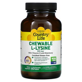 Country Life, Chewable L-Lysine with Vitamin D and Elderberry, 300 mg, 60 Chewable Tablets