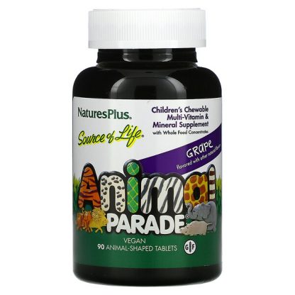 NaturesPlus, Source of Life, Animal Parade, Children's Chewable Multi-Vitamin & Mineral Supplement, Grape, 90 Animal-Shaped Tablets