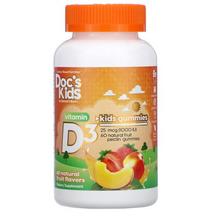 Doctor's Best, Doc's Kids, Vitamin D3 Gummies, All Natural Fruit Flavors, 25 mcg (1,000 IU), 60 Natural Fruit Pectin Gummies