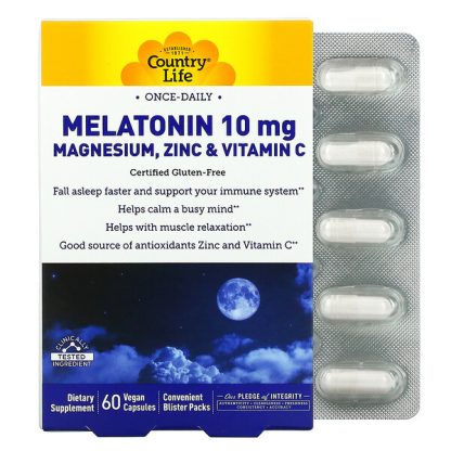 Country Life, Melatonin 10 mg Magnesium, Zinc & Vitamin C, 60 Vegan Capsules