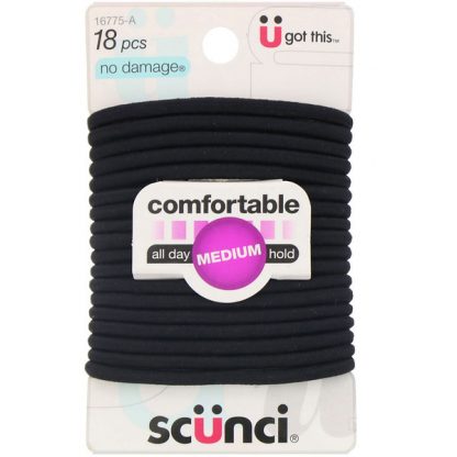 Scunci, No Damage Elastics, Comfortable, All Day Medium Hold, Black, 18 Pieces