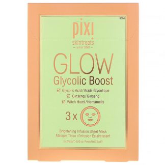 Pixi Beauty, Skintreats, Glow Glycolic Boost, Brightening Infusion Beauty Sheet Mask, 3 Sheets, 0.80 oz (23 g) Each