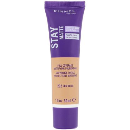 Rimmel London, Stay Matte Full Coverage Mattifying Foundation, 202 Sun Beige, 1 fl oz (30 ml)