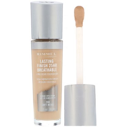 Rimmel London, Lasting Finish 25HR Breathable Long Wear Foundation, 200 Soft Beige, 1 fl oz (30 ml)