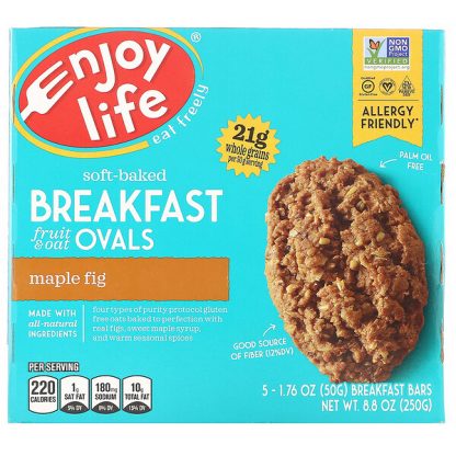 Enjoy Life Foods, Soft-Baked Breakfast Fruit & Oat Ovals, Maple Fig, 5 Bars, 1.76 oz (50 g) Each