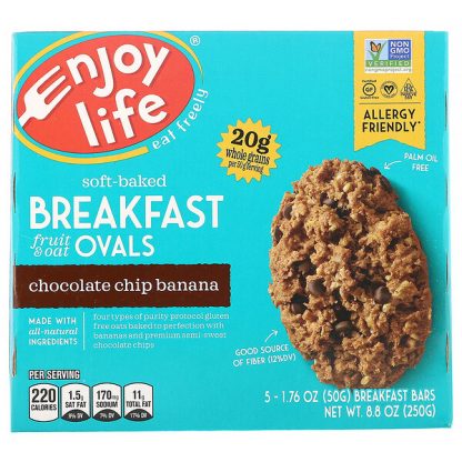 Enjoy Life Foods, Soft-Baked Breakfast Fruit & Oat Ovals, Chocolate Chip Banana, 5 Bars, 1.76 oz (50 g) Each