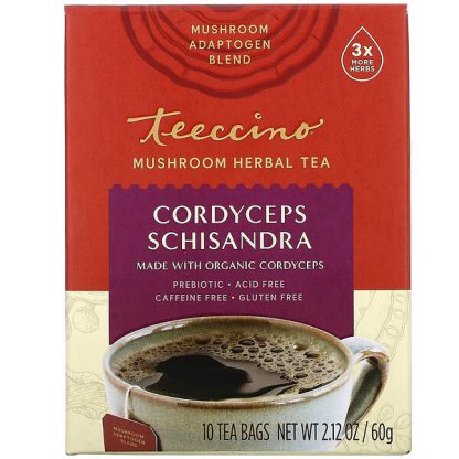 Teeccino, Mushroom Herbal Tea, Cordyceps Schisandra, Caffeine Free, 10 Tea Bags, 2.12 oz (60 g)