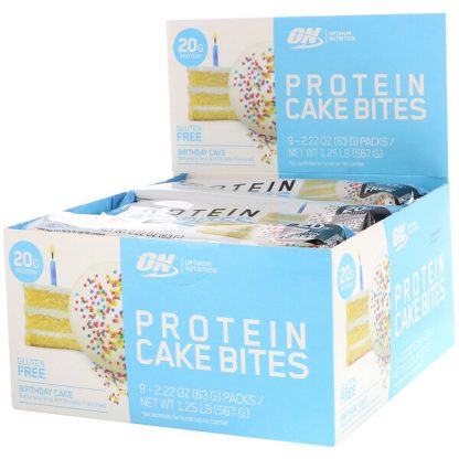 Optimum Nutrition, Protein Cake Bites, Birthday Cake, 9 Bars, 2.22 oz (63 g) Each