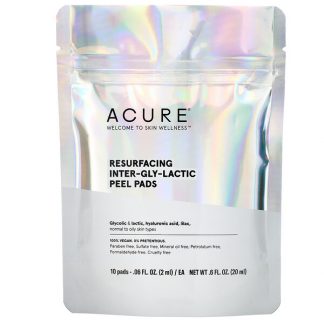 Acure, Resurfacing, Inter-Gly-Lactic Peel Pads, 10 Pads, 0.06 fl. oz (2 ml) Each