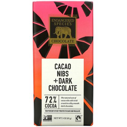 Endangered Species Chocolate, Cacao Nibs + Dark Chocolate, 72% Cocoa, 3 oz (85 g)