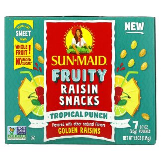 Sun-Maid, Fruity Raisin Snacks, Tropical Punch, 7 Pouches, 0.7 oz (20 g) Each