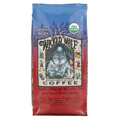 Raven's Brew Coffee, Wicked Wolf Coffee, Organic, Whole Bean, Dark Roast, 12 oz (340 g)