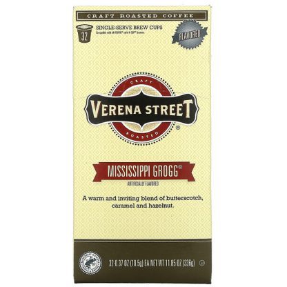 Verena Street, Mississippi Grogg, Flavored, Craft Roasted Coffee, 32 Single-Serve Brew Cups, 0.37 oz (10.5 g) Each