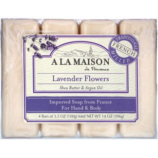 A La Maison de Provence, Hand & Body Bar Soap, Lavender Flowers, 4 Bars, 3.5 oz (100 g) Each