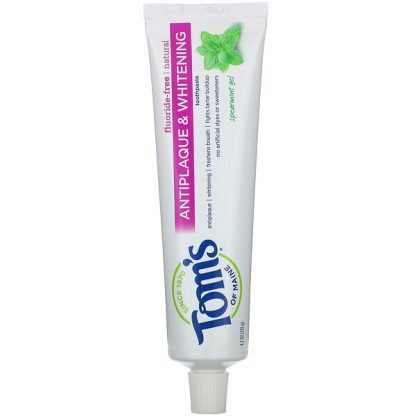 Tom's of Maine, Natural Antiplaque & Whitening Toothpaste, Fluoride-Free, Spearmint Gel, 4.7 oz (133 g)