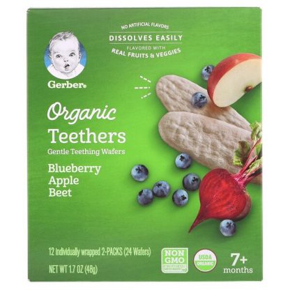 Gerber, Organic Teethers, Gentle Teething Wafers, 7+ Months, Blueberry Apple Beet, 12 Packs, 2 Wafers Each