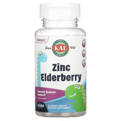 KAL, Dinosaurs, Zinc Elderberry, Mixed Berry, 90 Micro Tablets