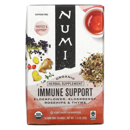 Numi Tea, Organic, Immune Support, Caffeine Free, 16 Non-GMO Tea Bags, 1.13 oz (32 g)