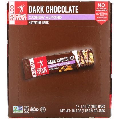 Caveman Foods, Nutrition Bars, Dark Chocolate, Cashew Almond, 12 Bars, 1.41 oz (40 g) Each