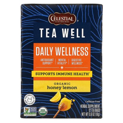 Celestial Seasonings, Herbal Tea, Daily Wellness, Organic Honey Lemon, Caffeine Free, 12 Tea Bags, 0.06 oz (1.6 g) Each