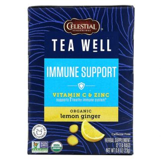 Celestial Seasonings, Immune Support, Vitamin C & Zinc, Organic Lemon Ginger, Caffeine Free, 12 Tea Bags, 0.06 oz (1.9 g) Each