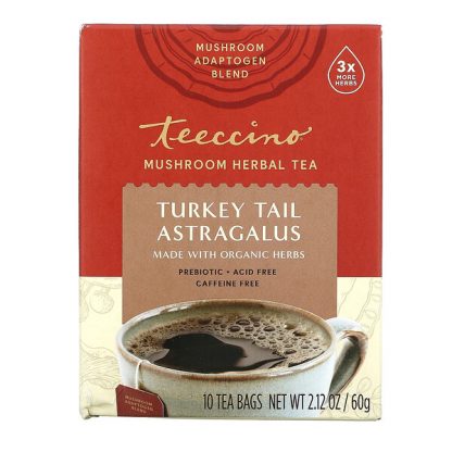 Teeccino, Mushroom Herbal Tea, Turkey Tail Astragalus, Caffeine Free, 10 Tea Bags, 2.12 oz (60 g)