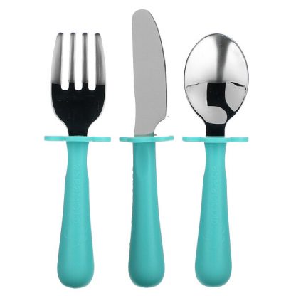 Grabease, Stainless Steel Fork, Knife & Spoon Set, 18m+, Teal, 1 Set