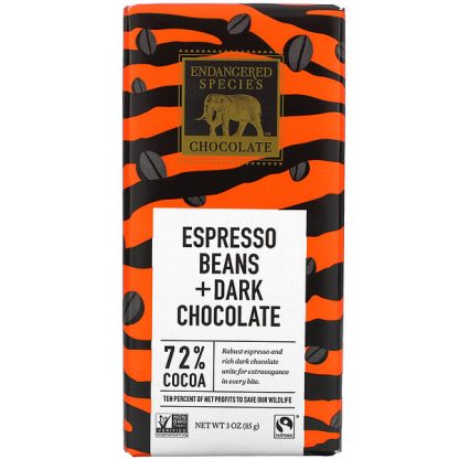 Endangered Species Chocolate, Espresso Beans + Dark Chocolate, 72% Cocoa, 3 oz (85 g)