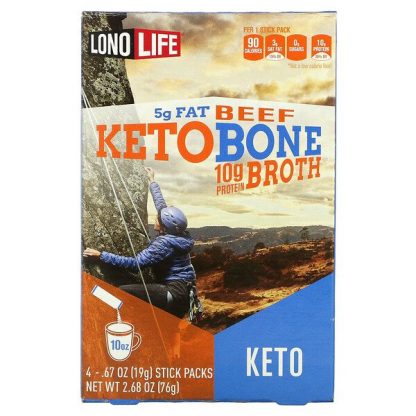 Lonolife, Keto Broth, Beef, 4 Stick Packs, 2.68 oz (76 g)