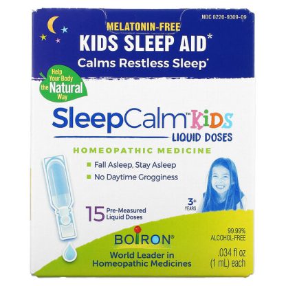 Boiron, Kids, SleepCalm Liquid Doses, 3+ Years, Melatonin-Free, 15 Pre-Measured Liquid Doses, 0.034 fl oz (1 ml) Each