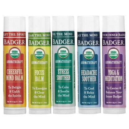 Badger Company, Organic Aromatherapy Travel Kit, 5 Pack, 0.15 oz (4.3 g) Each