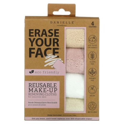 Erase Your Face, Reusable Make-up Removing Cloths, Assorted Colors, 4 Cloths