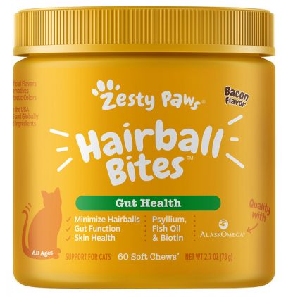 Zesty Paws, Hairball Bites, Gut Health for Cats, All Ages, Bacon, 60 Soft Chews