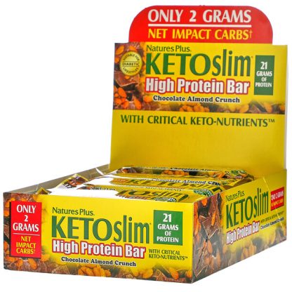 NaturesPlus, KETOslim, High Protein Bar, Chocolate Almond Crunch, 12 Bars, 2.1 oz (60 g) Each