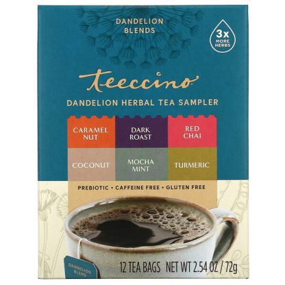 Teeccino, Dandelion Herbal Tea Sampler, 6 Flavors, Caffeine Free, 12 Tea Bags, 2.54 oz (72 g)